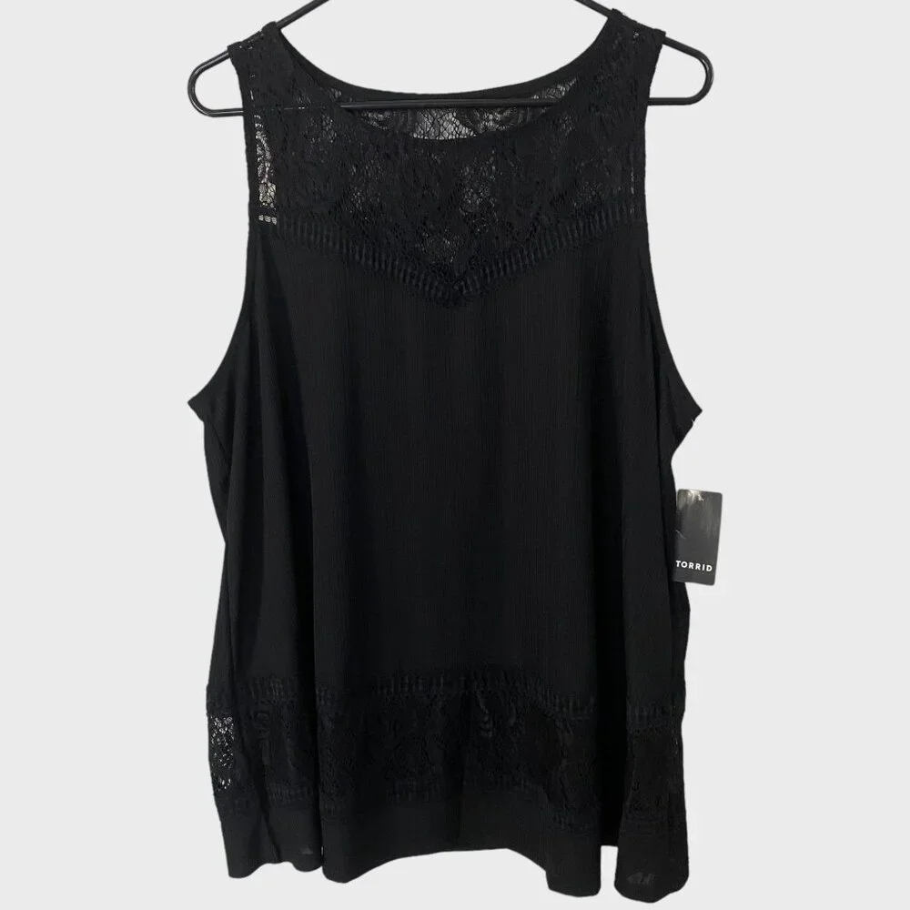 Torrid Lace Trim Inset Tank Women's Size 1X Black Sleeveless Scoop Neck Top New - Picture 1 of 12